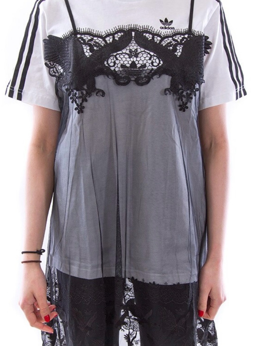 Adidas Super Dry Collaboration White Tee with Black Lace Overlay
